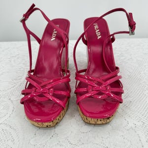 Vintage, PRADA Pink Patent Leather Straps Slide Wedges Slingback Sandals 90s, Y2K Vintage Designer Heels Made in Italy size 37.5 (US 7)