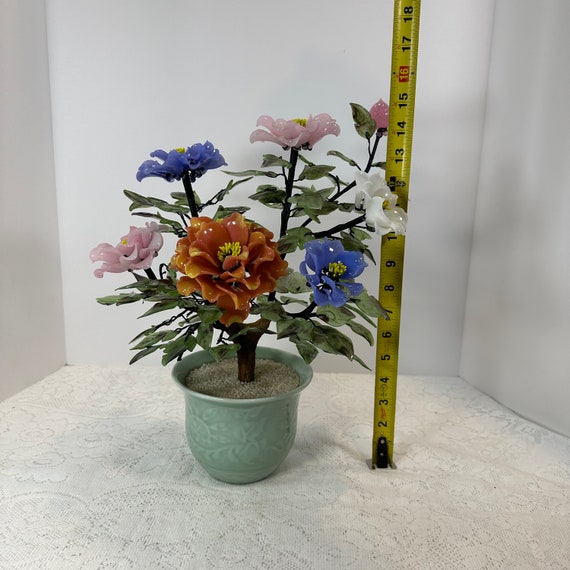 Vintage, Asian, Chinese Jade, Agate, Glass Flowers, Tree in