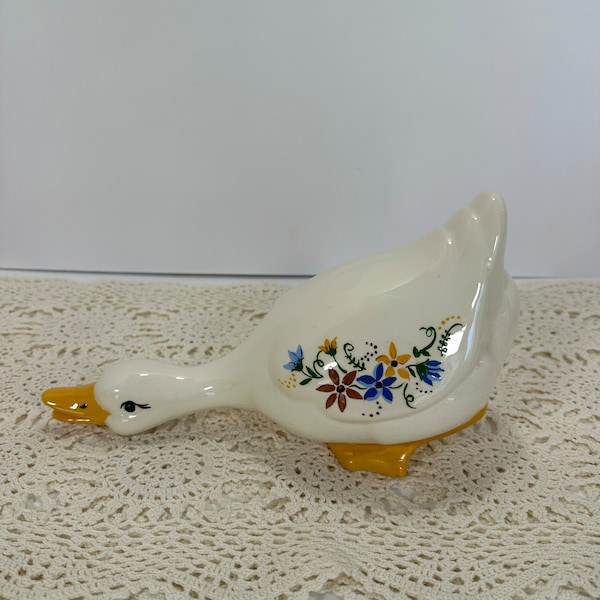 Vintage Goose Figurine Home Decor White Porcelain with hand painted flowers 10.5" in Long