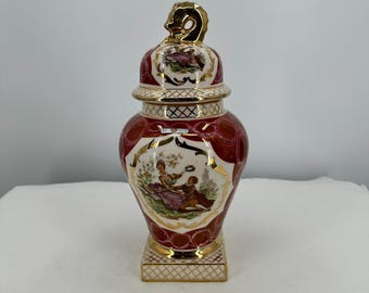 Antique Royal Vienna Style Brussels Porcelain Urn Vase with Courting Scene & Gold Gilt Accents, Ornate Lidded Jar, European 13.25" tall