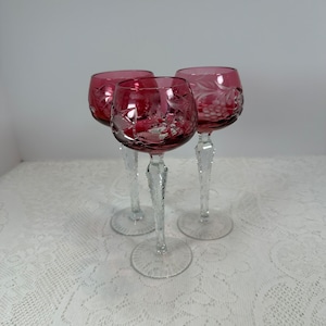 Vintage Set of THREE, Red cut to clear Crystal Bohemian Czech Cordial Ajka Marsala, goblets, Crystal, Wine/Goblet Glasses 6oz