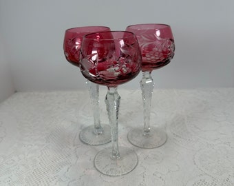 Vintage Set of THREE, Red cut to clear Crystal Bohemian Czech Cordial Ajka Marsala, goblets, Crystal, Wine/Goblet Glasses 6oz