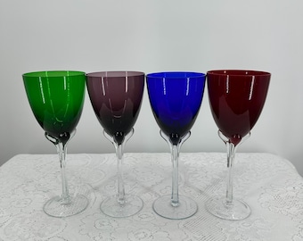 Vintage Murano Art Glass Hand blown Set of 4 Blue, Green, Red, Purple Wine/Champaign, Stemware, Handcrafted Italy, Blown Crystal, 16oz