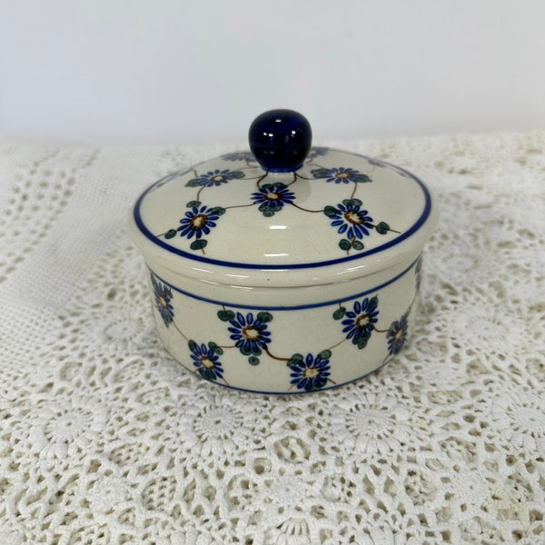 Vintage, Hand Made Polish Pottery Stoneware Blue and White covered Round Butter Dish 5"-inch round