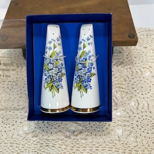 ROYAL STUART Salt & Pepper Shakers Blue Bouquet Fine Bone China England Brand new in box