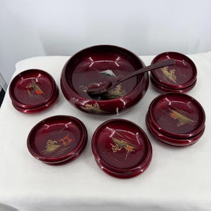 Vintage Japanese Red Lacquerware 12 Piece Salad Bowl Set, Hand Painted Gold Mt Fuji Pagoda Torii Gate Wooden Bowls Matching Ladle Spoon