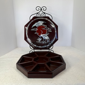 Vintage, Authentic Korean Wooden Lacquered with Mother of Peral oyster shell in lay Diorama Trinket, Nuts Storage Candy Tray 12&quot; in wide