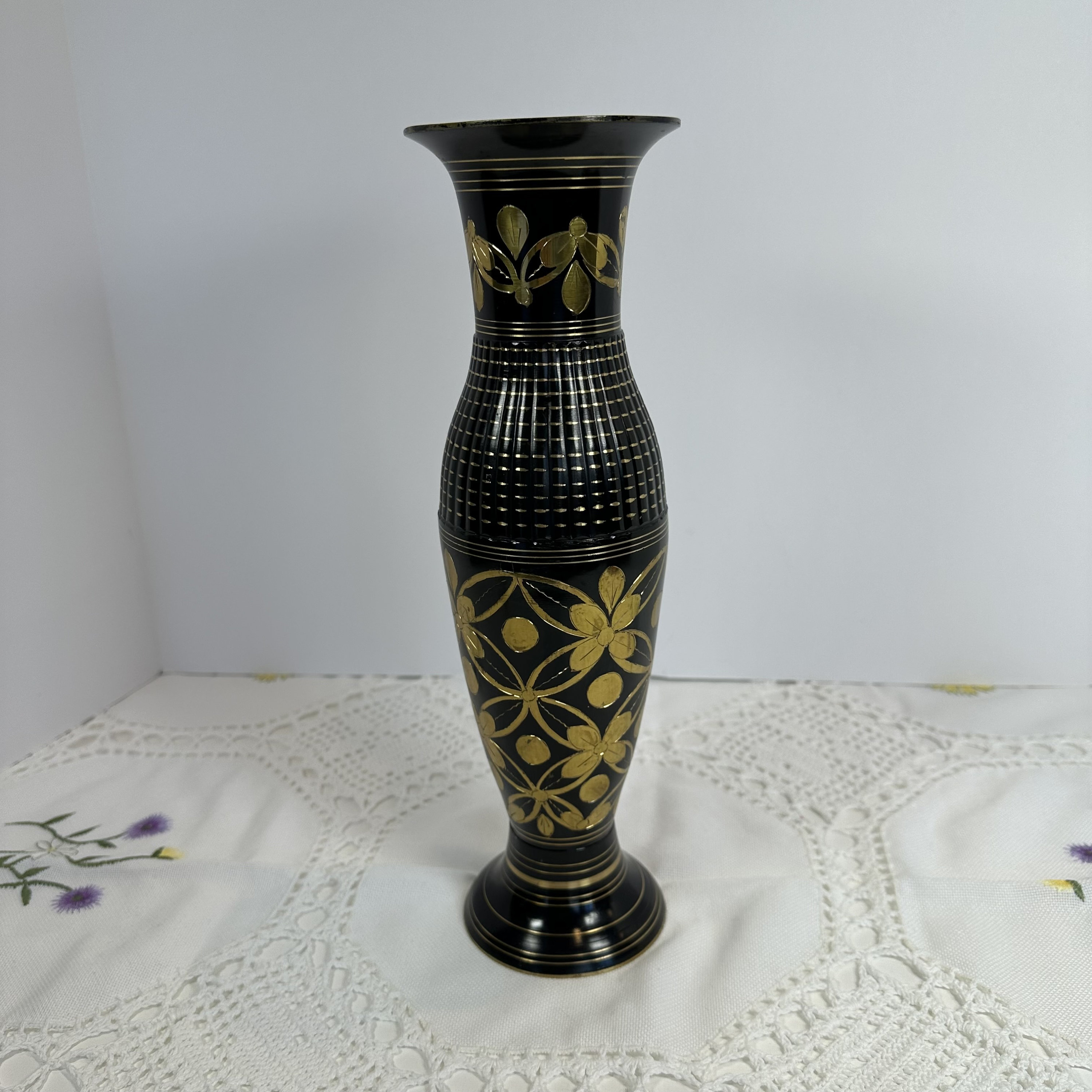 Vintage Bronze Black and Gold VASE Intricate Inlaid Decorative India Hand Carved Bronze and Brass Vase 13