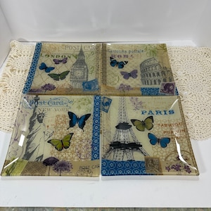 Carte postale vintage réplique Glass Notions, lot de 4 assiettes carrées, Londres, Paires, Rome et New York | 8,25 pouces de large