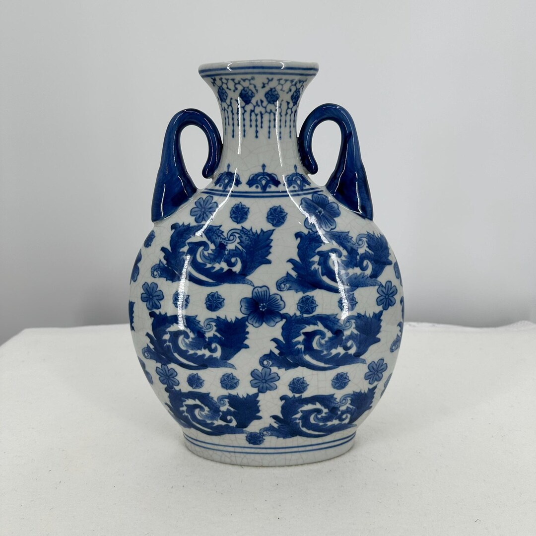 Vintage Blue & White Porcelain Vase With Handles | Chinoiserie Floral ...