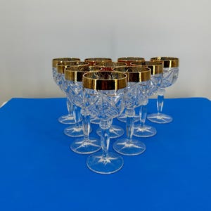 Vintage Set of TEN, Crystal Stemmed Gold Rimmed Gold rims glasses, goblets, Wine Goblet Glasses 8oz, Stem Style