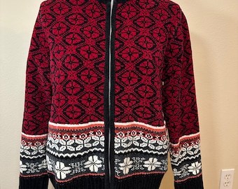 Women's Clothes, 1990s Vintage, Nordic Fair Isle Zip-up Cardigan Sweater Chenille Ladies Petite Medium