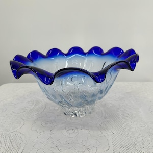 Vintage Beautiful Czech Large Art Glass Hand Blown, Art Glass, Cobalt blue, Flared Center Table Display Bowl Glass Dish Bowl 13&quot; in wide top