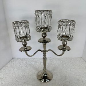 Vintage, Silver plated 3 Pillar Hurricane Candle Holder with Crystal like Tear Drops decorations, 15.75&quot; tall