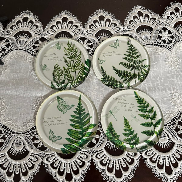 Vintage, Set of 4 glass botanical candle plates, coasters, w/ ferns identification & insects, MINT!