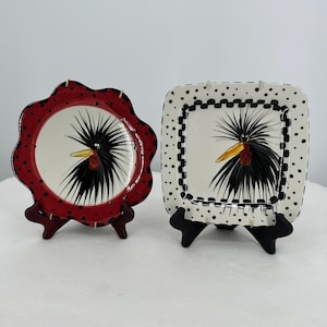 Set of TWO, 2005, T REA Artist signed Idaho, Whimsical Black Rooster Head Collector&#39;s Plate with wall Hangers, Wall Plates, Collectible 8&quot;