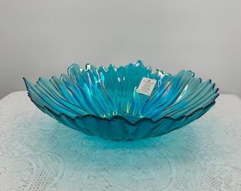 Vintage, Turkish AKCAM Blue/Green Bowl Glass, Ribbed Glass Turkish Art Glass, Green & Blue Bowl 15.75" inches long, Glass Decorative Dish