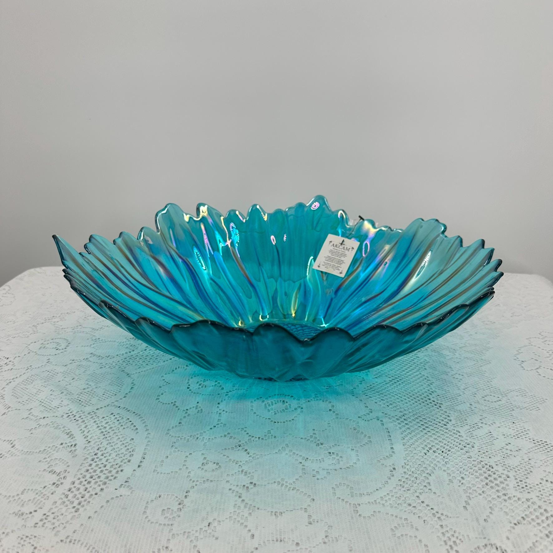 Vintage, Turkish AKCAM Blue/green Bowl Glass, Ribbed Glass Turkish