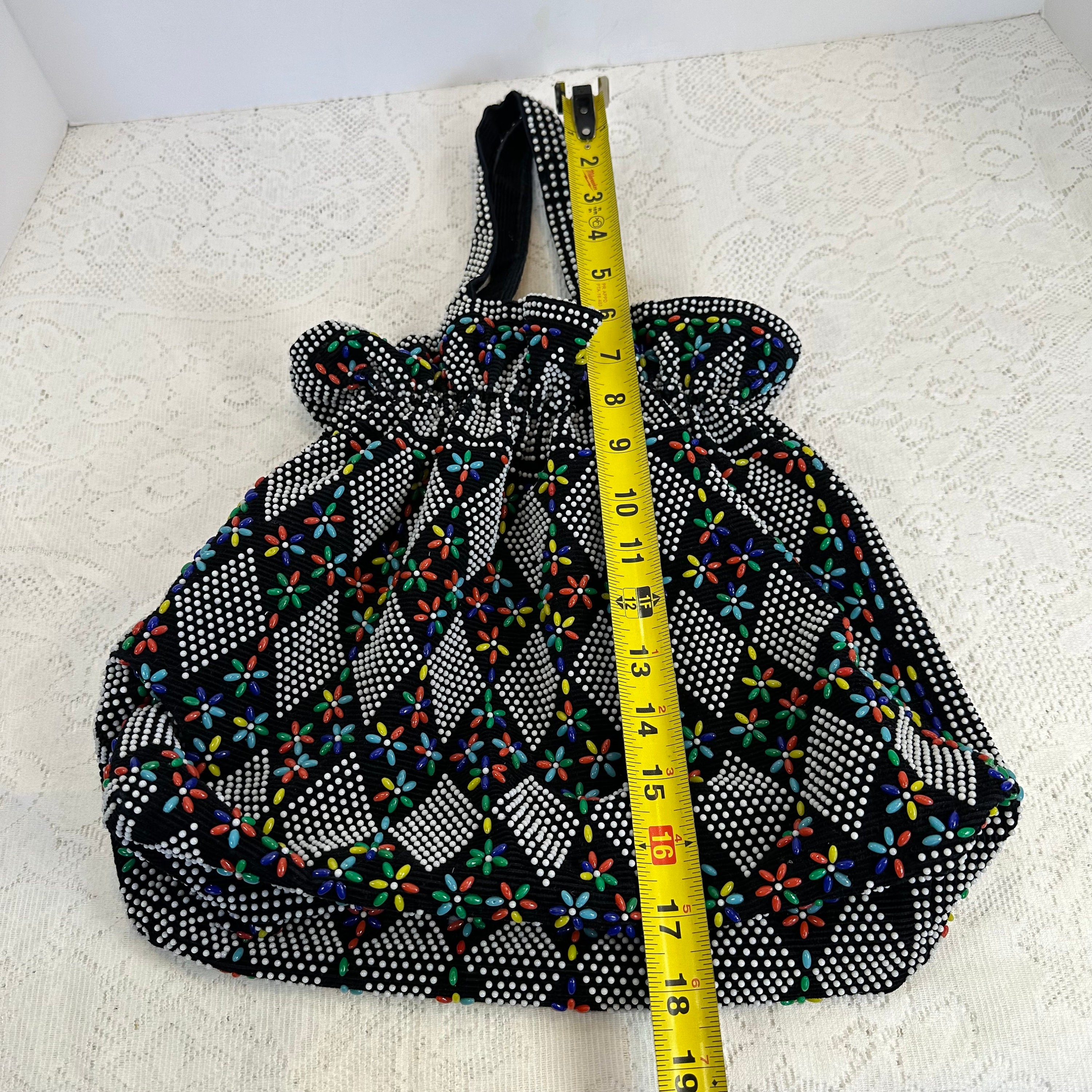 Vintage, 70s Candy Dot Drawstring Purse Micro Beaded Mr. Jonas