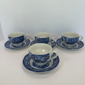Vintage 4 Sets Cup and Saucer. Historic Colonial Old North Church Pictured on Plate, May be Paul Revere on Horseback on the Cups