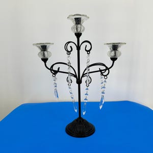 Vintage, Ornate Gothic Iron Cystal Chandelier, Brown Metal 3 Pillar Candlestick Holder with Crystal like Tear Drops decorations, 16.5&quot; tall