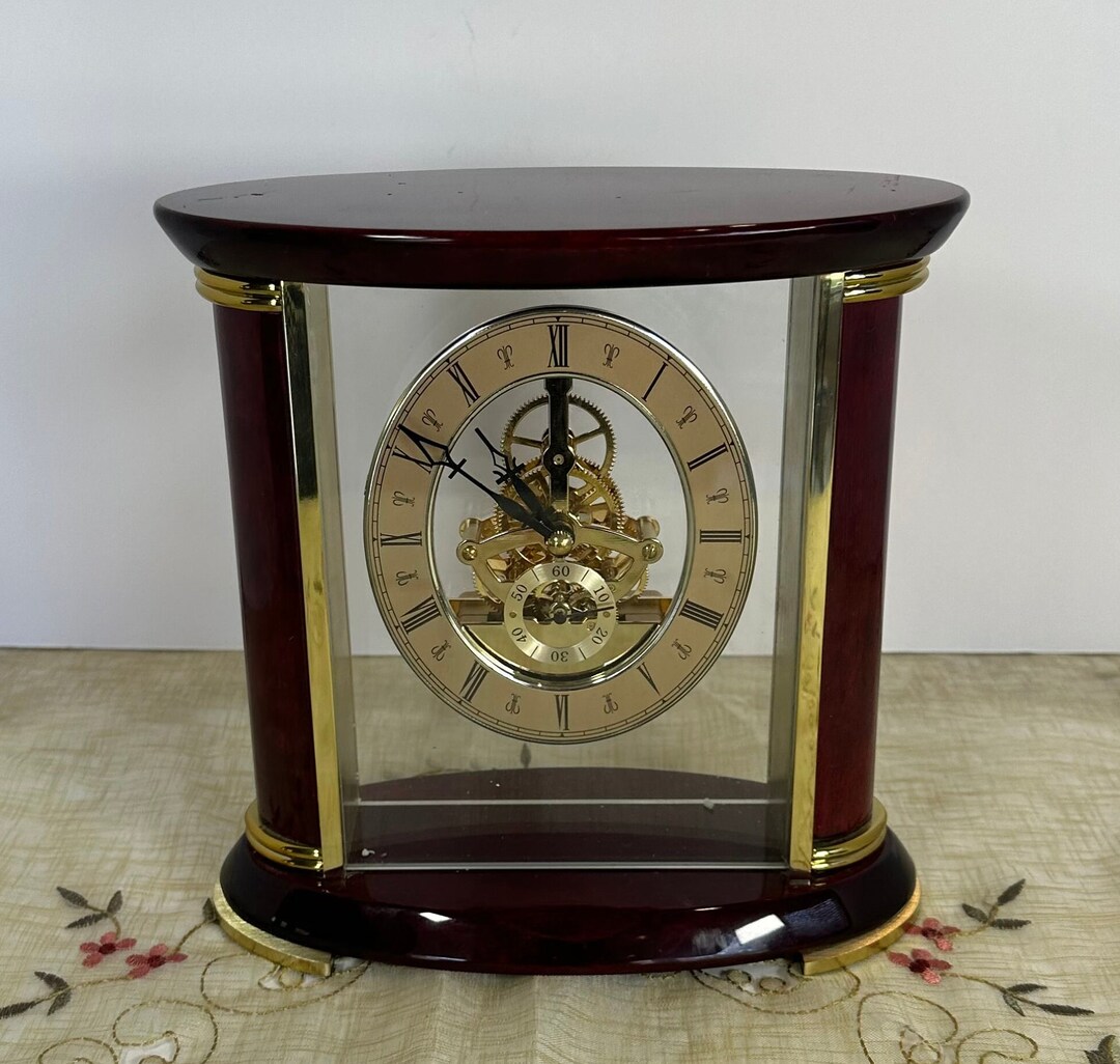 Prestigious Skelton Mantel Clock Piano Wood Cherry Finish W/ Brass