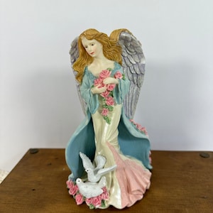 Beautiful Angle with Two Doves and Flowers Figurine Candlestick Holder, Angel Home Decor 7&quot; Tall