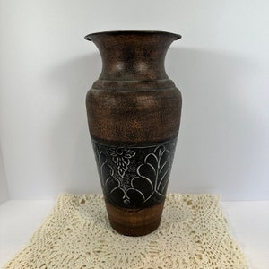 Ornate Antique Brown Tin metal Vase 13&quot; in tall