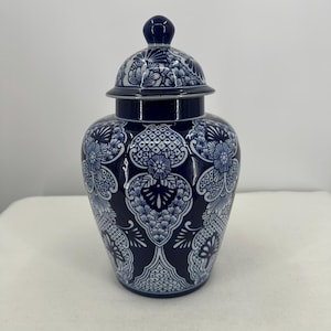 Vintage Blau und Weiß Chinoiserie Ingwer Glas mit Deckel | Blumenmotiv Porzellanstempelglas | Grandmillennial Wohnkultur Akzent 14 &quot;Zoll