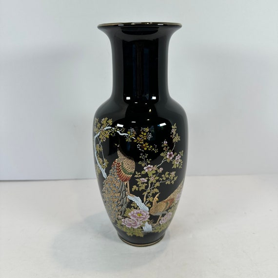 Vintage, 1960s Black Japanese Hand Painted Floral Vase With