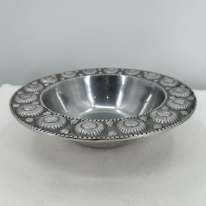 Vintage Pewter Metal Display Bowl | Ornate Studded Spanish Colonial Revival Decor | Large Heavy Decorative Centerpiece 12&quot; wide