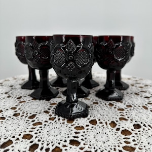 Vintage 1980s Avon - 1876 Cape Cod Collection - 8 Small Goblet steam ware Deep Red Ruby Glass 4.5&quot; in tall