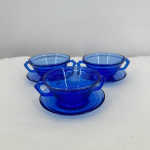 Vintage Set of THREE, 6-piece, Modern Style, Hazel Atlas Cobalt Blue Glass Teacups 2 handles, Saucers, Cup and Saucer- 8 oz Saucer 5.5&quot; inch