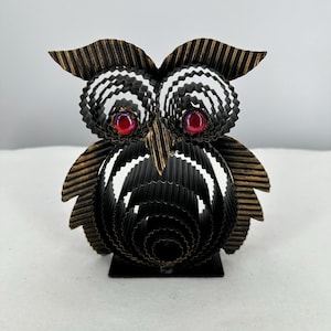 Vintage Brutalist Metal Owl Sculpture with Red Eyes | Mid Century Modern Abstract Bird Art Statue | 7.25&quot; Tall Home Decor