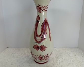 Vintage Hand Painted Portugal Red Roster Vase, Red Roster on white Porcelain Vasen Vase 14.75" in Tall
