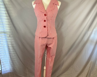 Vintage 80s Gingham Halter Top Pant Set, Red White Checker, Size 6P
