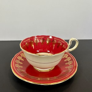 Vintage Aynsley Elegant Victorian Bone China Red Cup and Saucer with Gold Trim