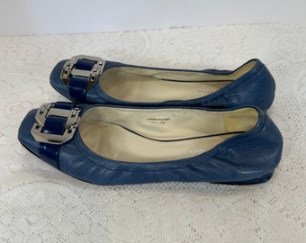 VIA Apiga, Women's leather Ballet Flats, Cerulean Blue with silver buckles style, Italy, EU size 39, USA Ladies Size 8.5 M