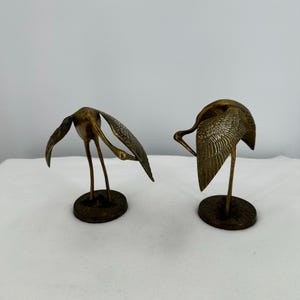 Vintage Brass Crane Heron Figurines Pair | Mid-Century Modern Bird Statues | Coastal Home Decor | MCM Brass Animal Sculpture Set 7.5&quot; inches