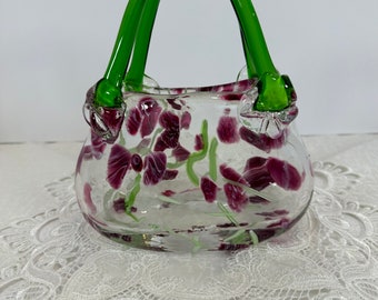 Beautiful Vintage Art Glass Retro Purse, Handbag, with Purple flowers with Green handle 7.5" Tall