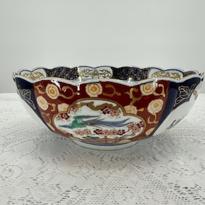 Grand plat/bol peint à la main floral et paon en or japonais Imari des années 1960, 25 cm de large