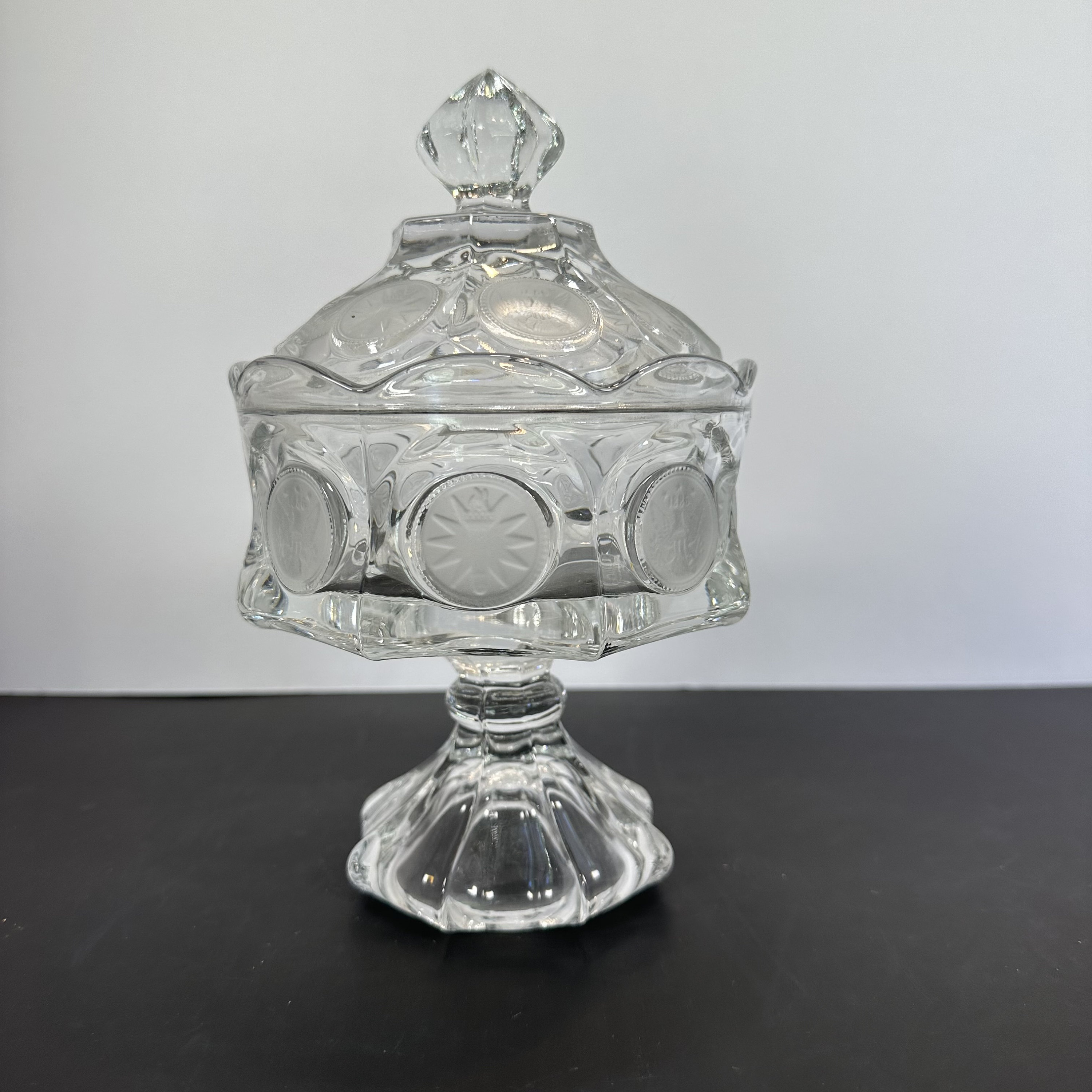 Fostoria Frosted Coin Pattern Compote with lid, bowl, Pedestal or small Candy Dish 8.5" inch tall