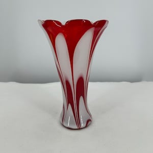 Vintage, MCM, MURANO &quot;LIKE&quot; Art Glass Vase, Vertical Red Ribbon swirl and milk glass vase, Handmade/blown Decorative Glass Vase 10&quot; inch