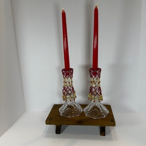 Set of two Vintage Crystal Candle Holders with Red Skit and two Red Candles