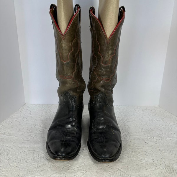 Vintage, Tony Lama Schwarze Cowboystiefel mit roten Nähten, Blockabsätze, alles aus Leder, Old West Dunkelbraune Herren USA Größe 9,5M