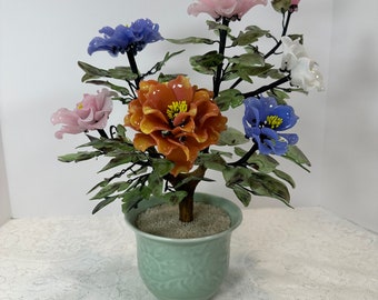 Vintage, Asian, Chinese Jade, Agate, Glass Flowers, tree in Celadon Vase Pot 15" Inches tall