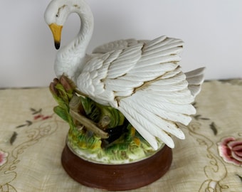 Vintage White Swan Ceramic Figurine, Wooden Base Farmhouse Decor