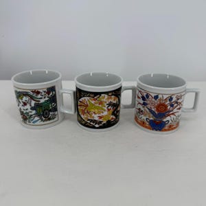 MCM Set of 3 Japanese Imari Porcelain Mugs - 12oz Gold Accented Coffee Tea Cups - Vintage Asian Floral Peacock & Rickshaw Design Japan
