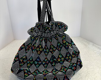 Vintage, 70s Candy Dot Drawstring Purse Micro Beaded Mr. Jonas, made in Hong Kong, Tote bag over shoulder bag, multi-color beads