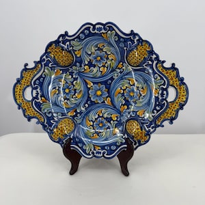 Signed S Gurreri Caltagirone Ceramic Centerpiece Bowl, Hand Painted Sicilian Majolica 15" Platter, Vintage Italian Pottery Serving Dish